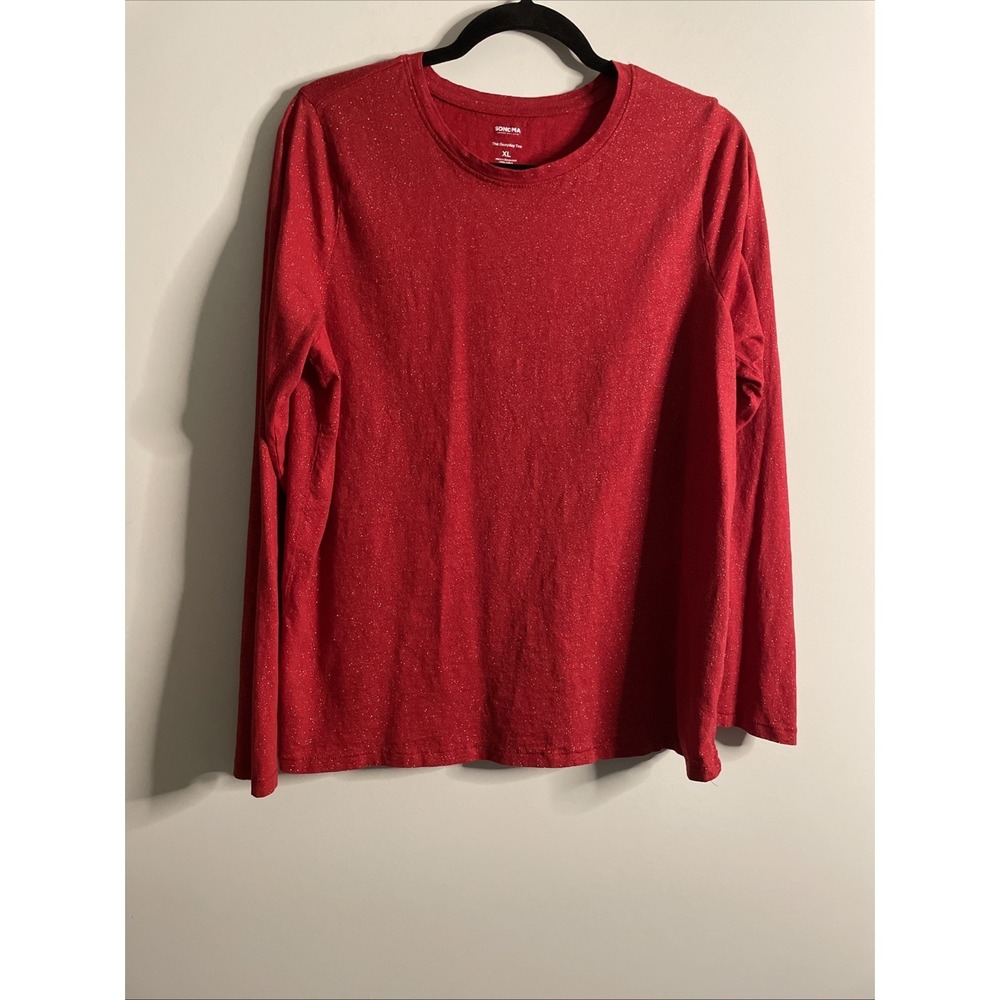 Sonoma XL Red Sparkly Everyday Tee Long Sleeve Cotton Crew‎ Neck Top